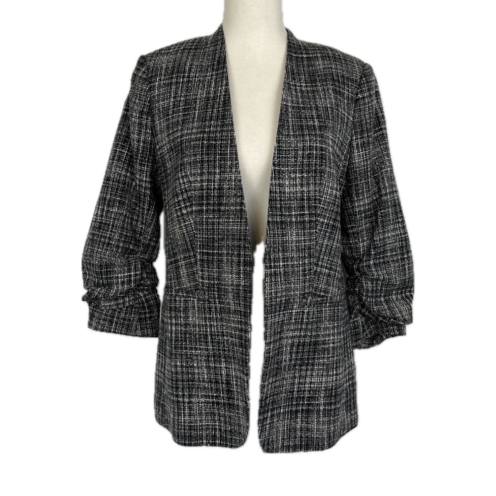 H&M Tweed Open Front Blazer Size 10 Slim Scrunch Sleeve Academia Preppy Office